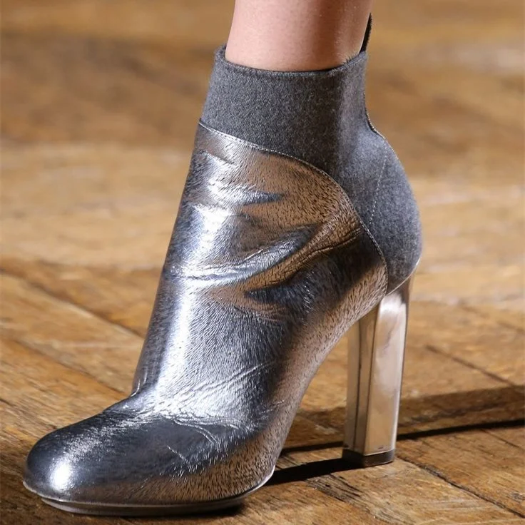 Silver Round Toe Chunky Heel Ankle Booties |FSJ Shoes