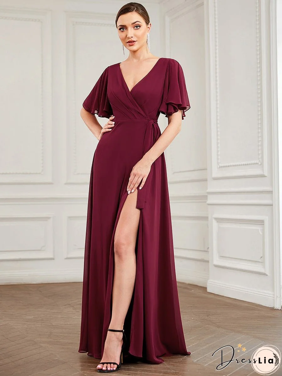 Deep V Neck Ruffles Sleeves A Line Split Wholesale Evening Dresses
