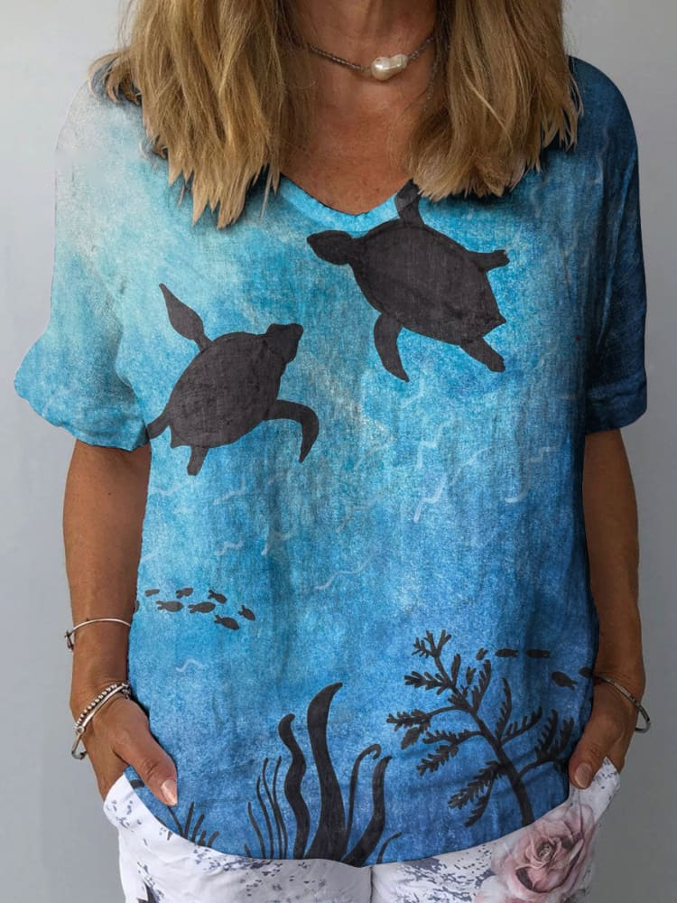 Womens Underwater World Turtle Pattern Print Cotton And Linen Top