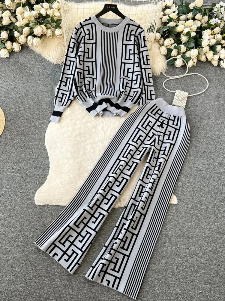 Huiketi Knitted Two Pieces Suits Round Neck Labyrinth Print Loose Sweater+Wide Legs Long Pants Women Korean Style Casual Sets