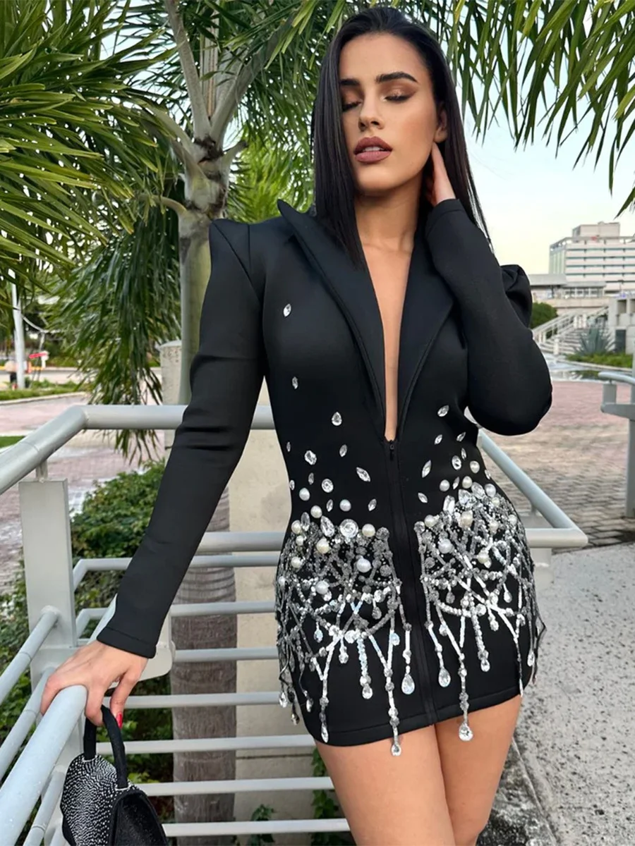 Churchf Churchf Temperament Elegant Wind Autumn 2025 New Splicing Nail Drill Design High-Rise Thin Suit Dress Woman