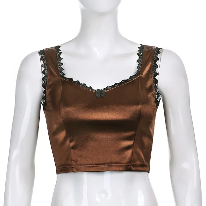 Brownm 2000s Aesthetics Fashion Solid Lace Trim Spaghetti Strap Cami Tops E-Girl Vintage Cute V-neck Satin Brown Crop Tops Chic