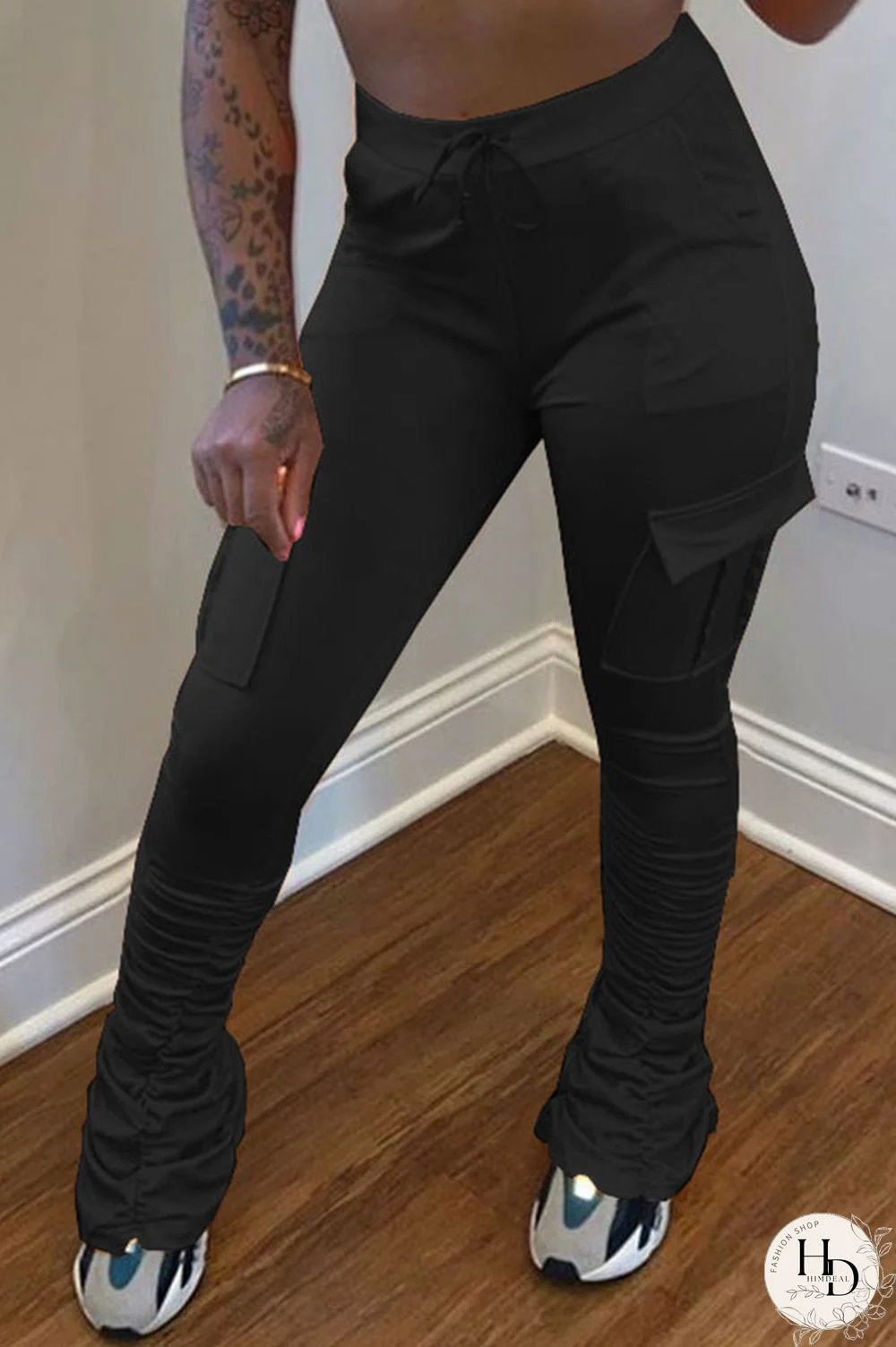 Yellow Drawstring High Solid Pocket Draped Boot Cut Pants Bottoms