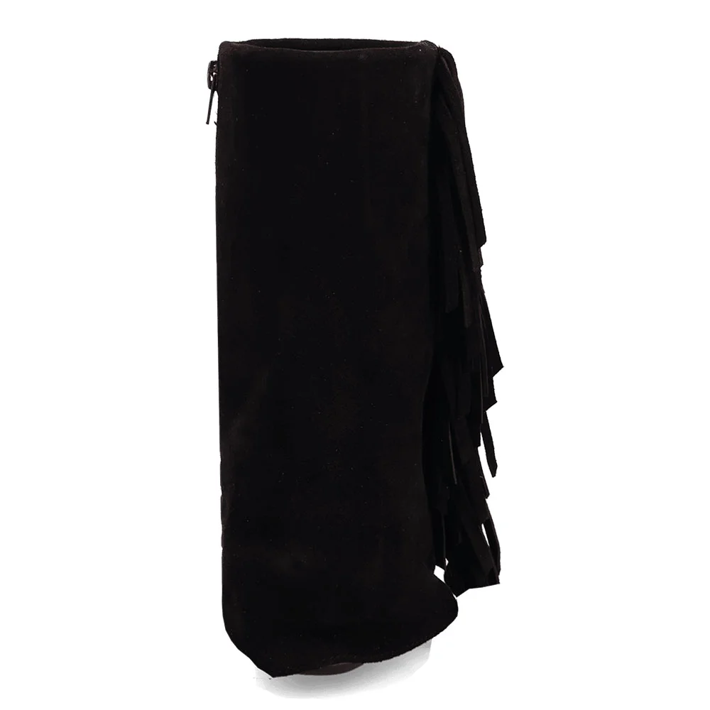 Black Vegan Suede Almond Toe Chunky Heel Fringe Fold Over Boots