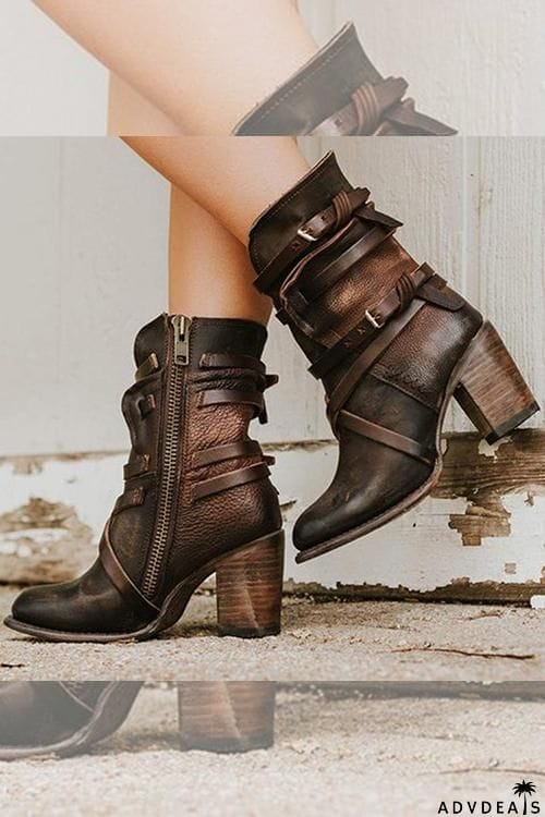 Vintage Buckle Zipper Mid-Calf Boots