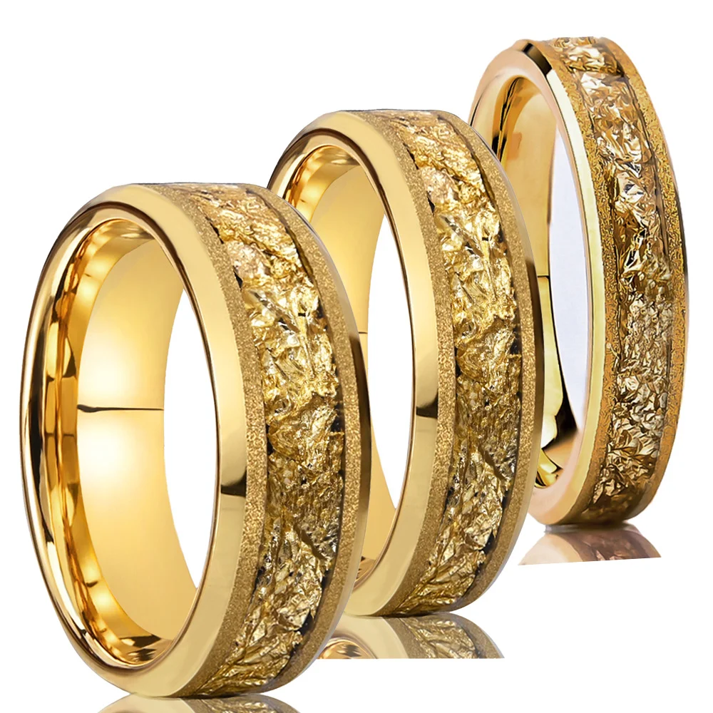 6MM 8MM Gold Sandblasted Electroplated Tungsten Wedding Bands with Gold Foil Inlay Couple Ring Wedding Comfort Fit Couple Rings