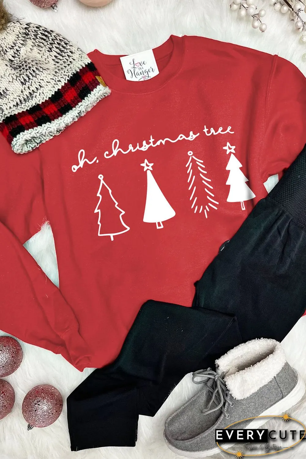 Red Christmas Tree Letter Graphic Print Long Sleeve Sweatshirt