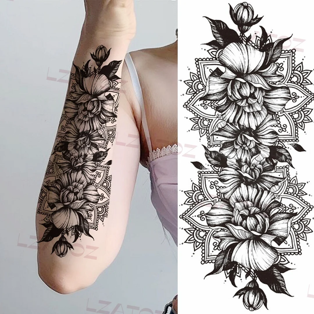 Sdrawing Big Letters Temporary Tattoos For Men Women Moon Pendant Peony Fake Tattoo Sticker Custom Armband Fashion Disposable Tatoo