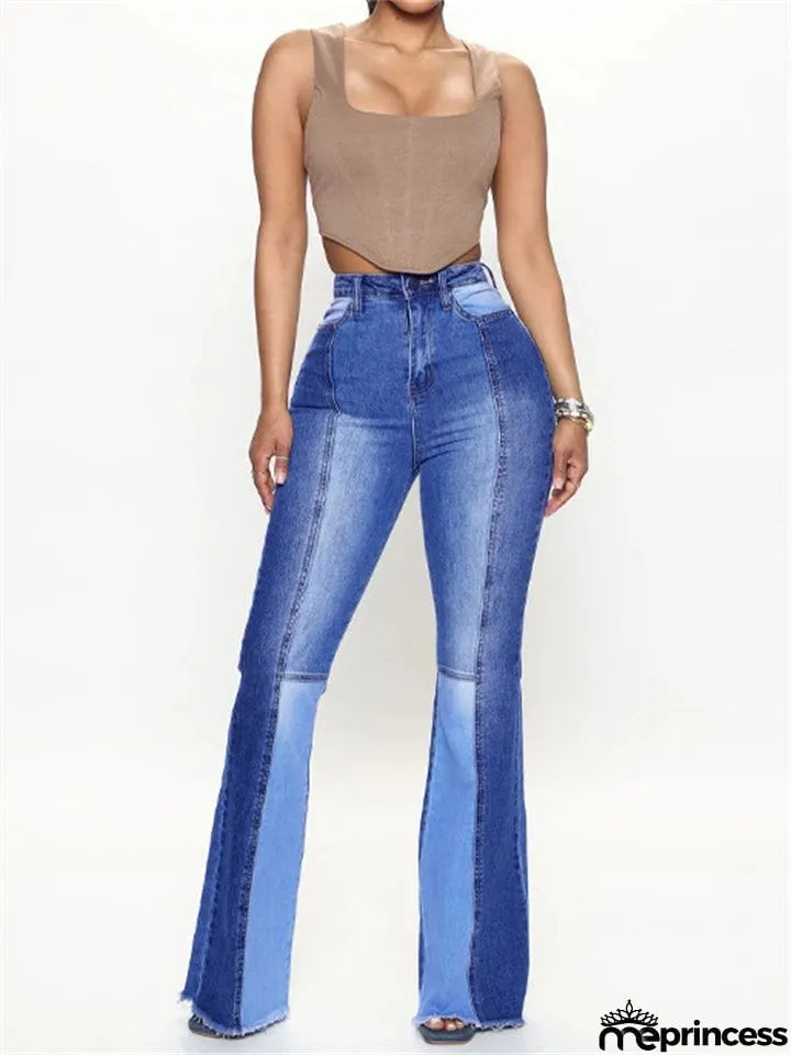 Trendy Sexy High-rise Contrast Color Women's Denim Flare Pants