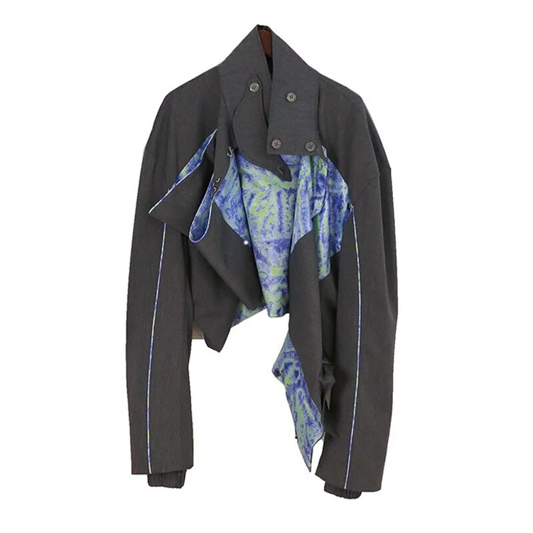 Design Stand Collar Tie-dye Irregular Patchwork Pockets Long Sleeve Jacket  