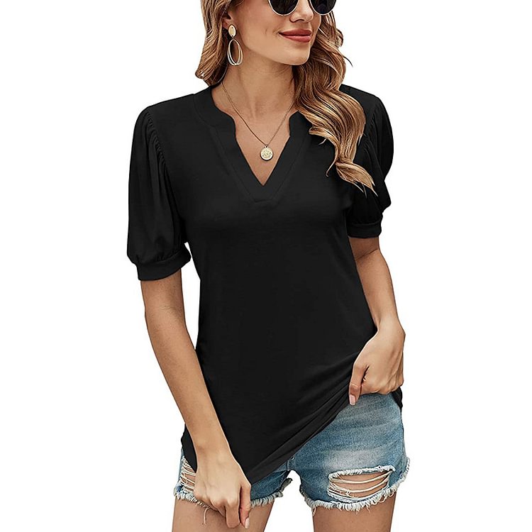 Summer New Women Casual V-neck Solid Color Bubble Sleeve Loose T-shirt