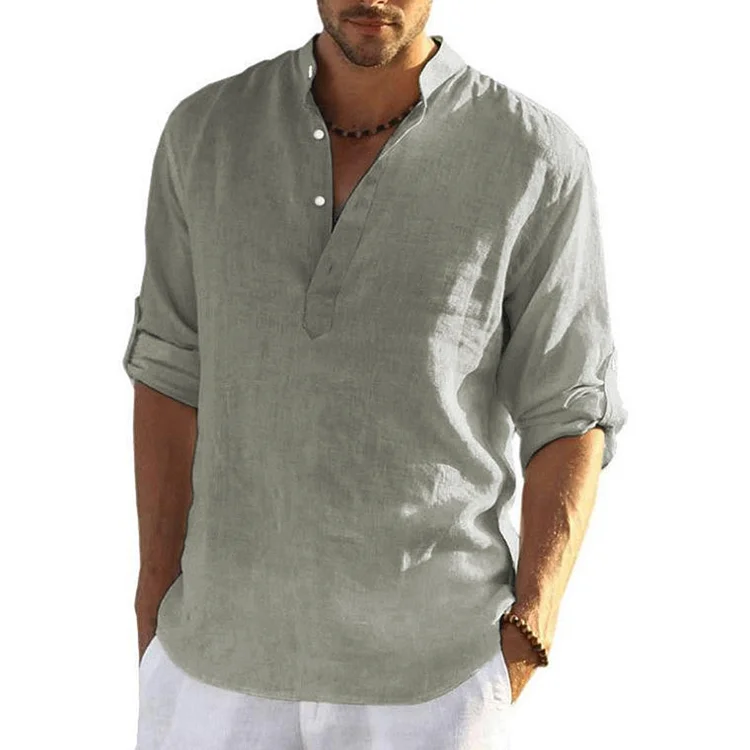 BrosWear Casual Cotton Linen Solid Color Henley Neck Long Sleeve Shirt