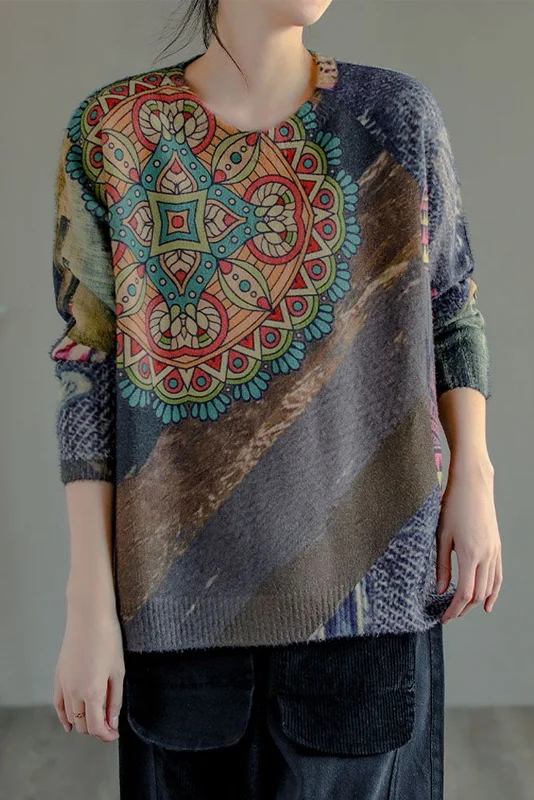 Plus Size-Loose Casual Sweater Imitation Mink Velvet Print Top