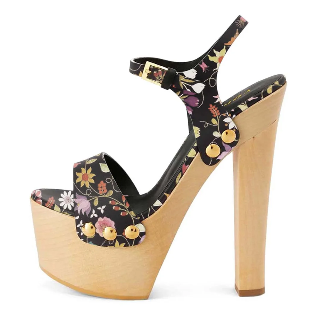Multicolor Floral Print Summer Sandals Open Toe Studded Platform Heels
