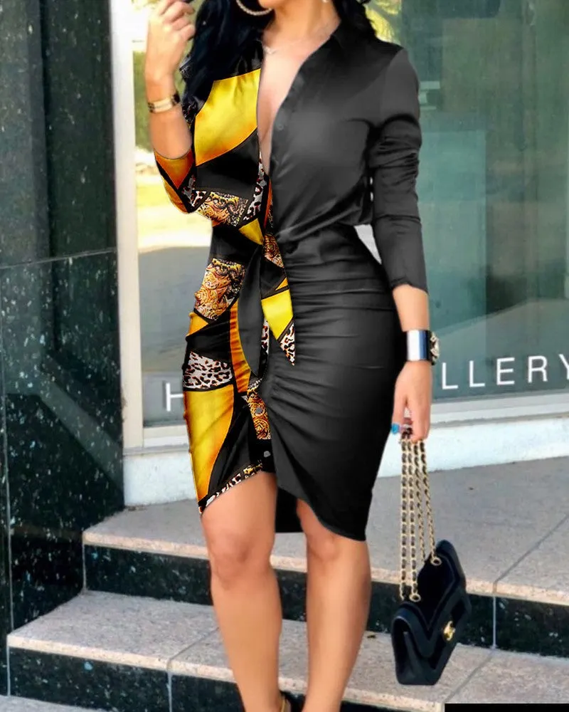 Brownm V-neck Lace-up Solid Color Long Sleeve Dresses