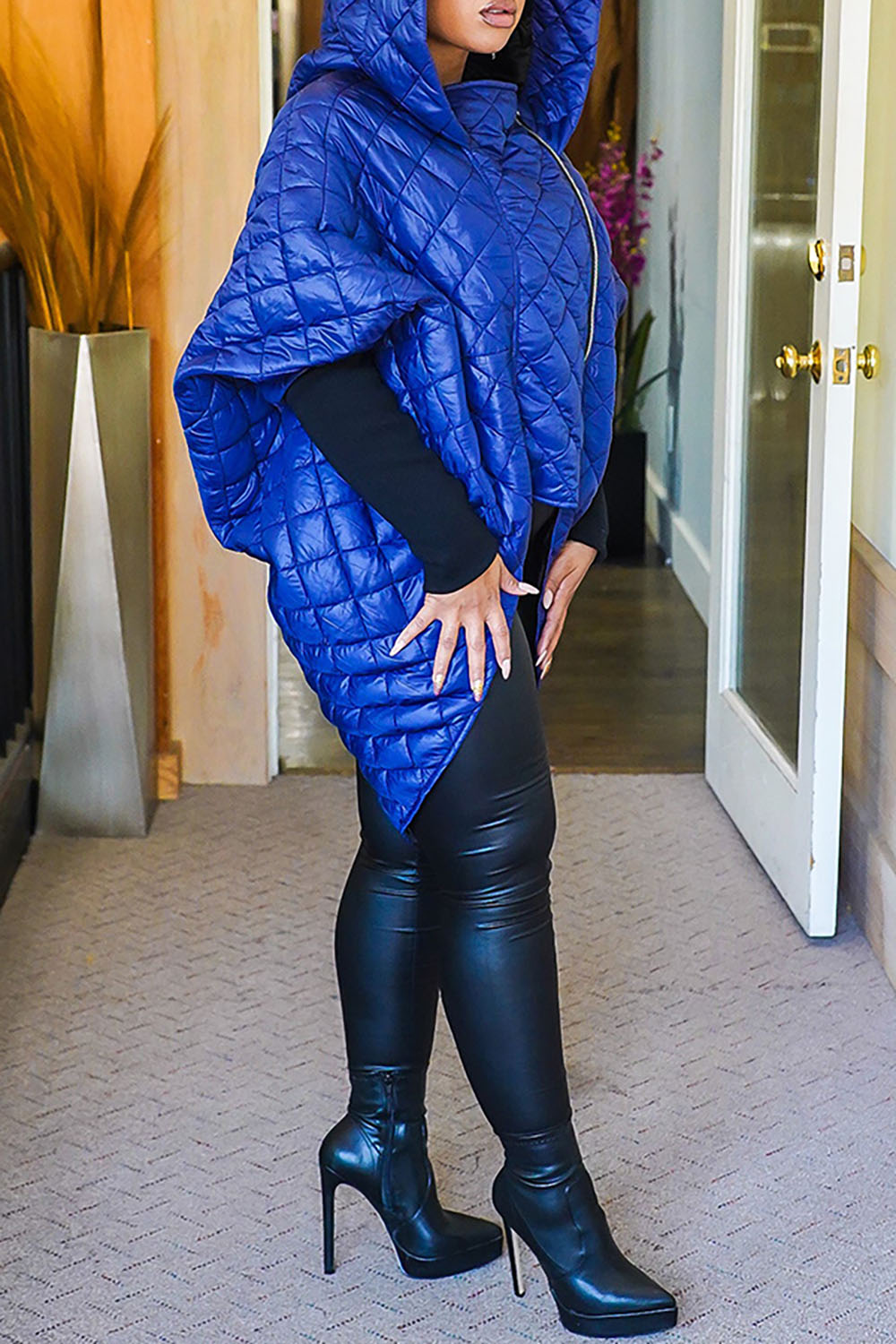 Plus Size Daily Outerwear Royal Blue Zipper Hood Cotton Winter Coat Outerwear