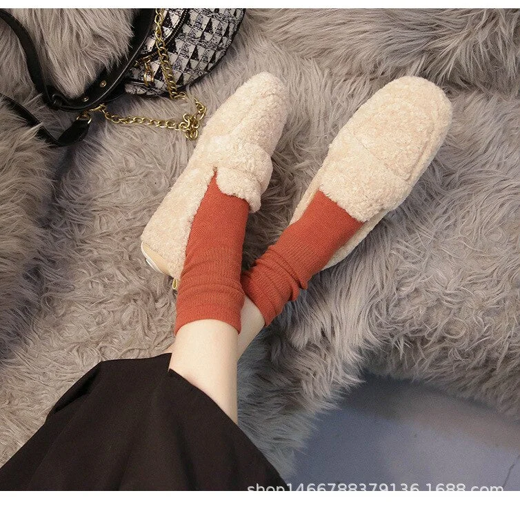 Lambs fur cotton shoes women solid color slip on loafers winter square toe moccasins wool fur flats comfy ballet shoes plus size