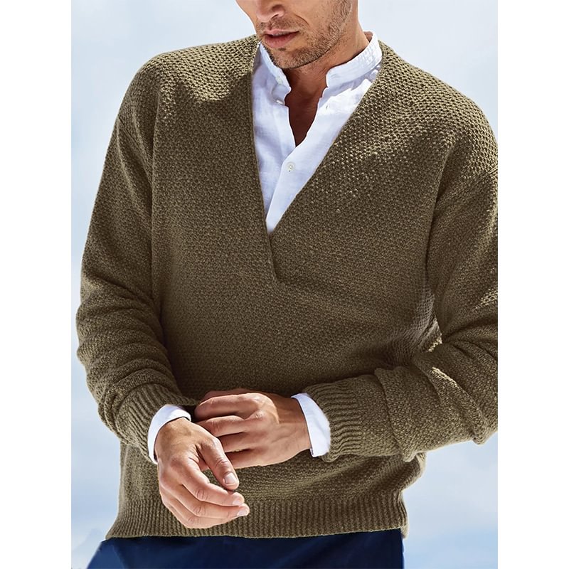 Men's V-Neck Warm Knit Solid Color Long Sleeve Sweater