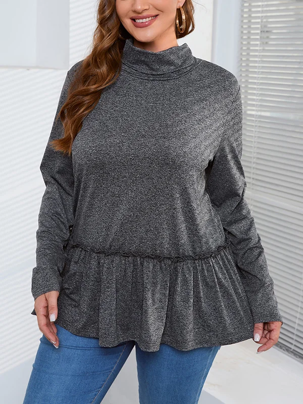 Ruffled Solid Color Split-Joint Long Sleeves Loose High Neck T-Shirts Tops