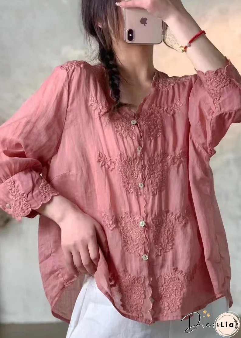 New Pink V Neck Embroidered Button Linen Shirt Spring