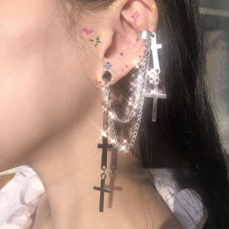 Punk Rock Silver Color Unisex Bead Chain Integrated Long Pendant Ear Bone Clip Earrings Cool Egirl Woman's Men Party Jewelry