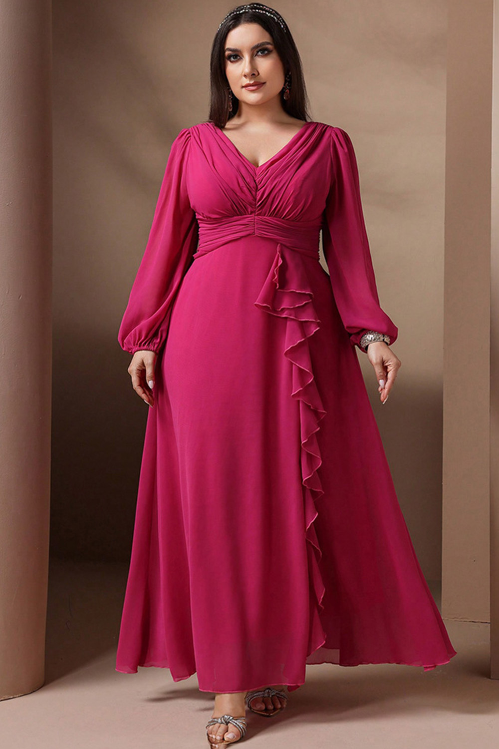Plus Size Wedding Guest Magenta Chiffon Lantern Sleeve Ruffle Slit Maxi Dress 2024 - Flycurvy 