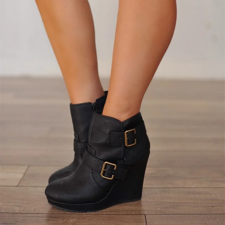 Tan Vegan Leather Wedge Booties Zip Vintage Platform Ankle Boots US 15 / EU 45-Tan