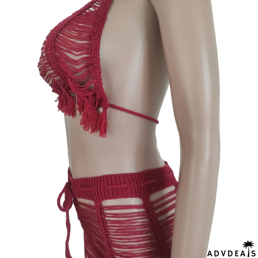 Autumn Sexy Red Knit Hollow Out Tassel Bra and Pants Set