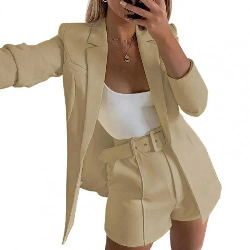 UForever21 Women Blazer Solid Color Pockets Ladies Outfit Two-Piece Cardigan Blazer Shorts Belt Set Slim- Fit Formal Wear Short Suits