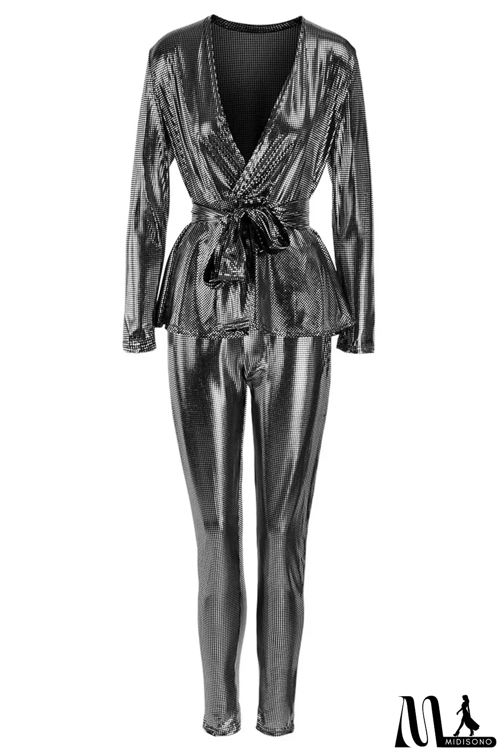 MidiSono - Black Fashion Slim Long-Sleeve V-Neck Two-Piece Set