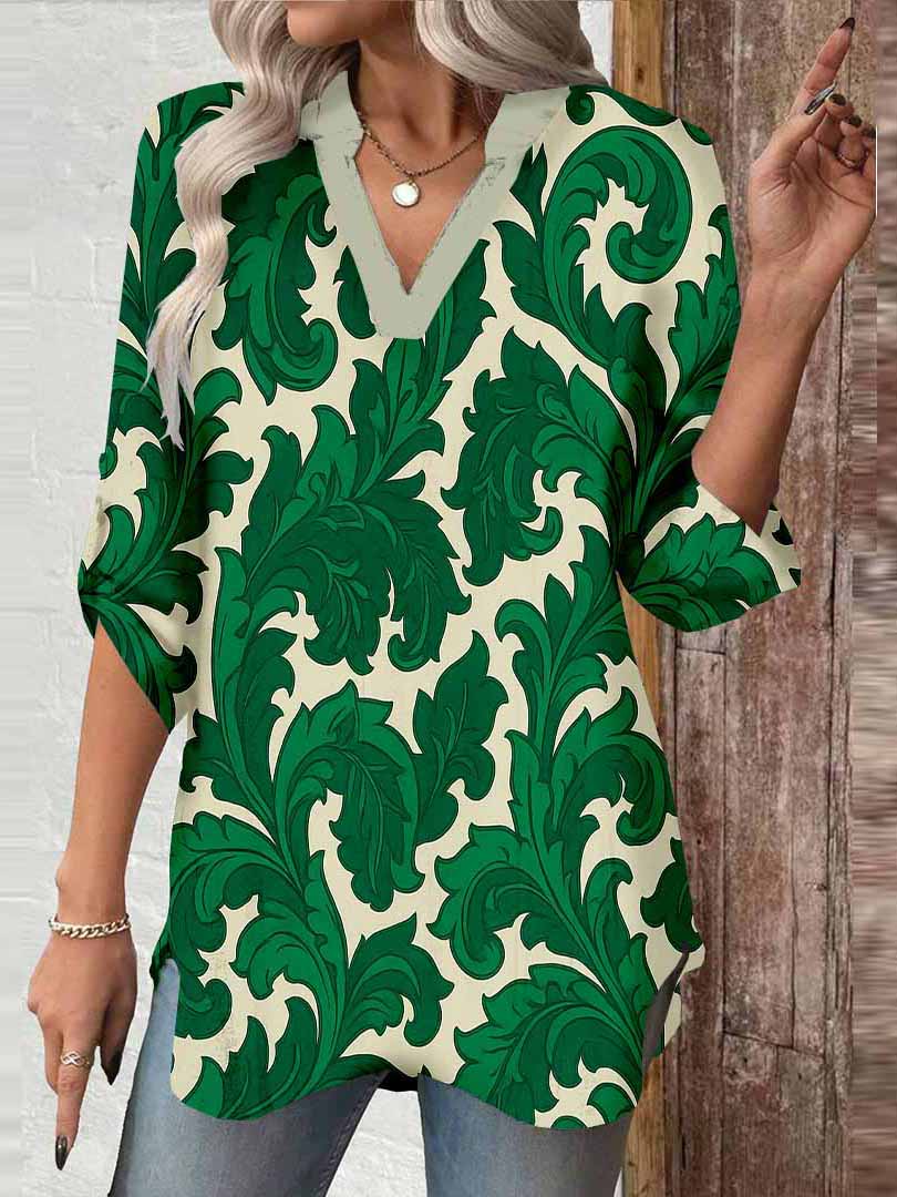 Women Graffiti, Green DZGA0158 3/4 Sleeve V-neck Printed Graphic Button Tops