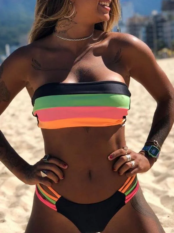 Colorful Striped Strapless Bikini Swimsuit