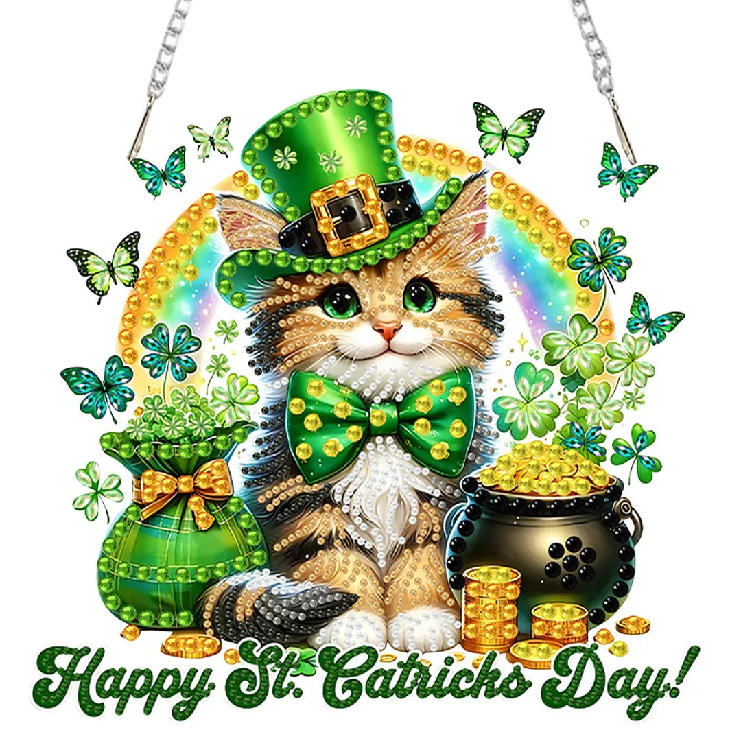 St Patricks Day Cat DIY 2D Flat Acrylic Diamond Painting Kits 5D Diamond Art Painting Window Pendants for Home Garden Wall Decoration