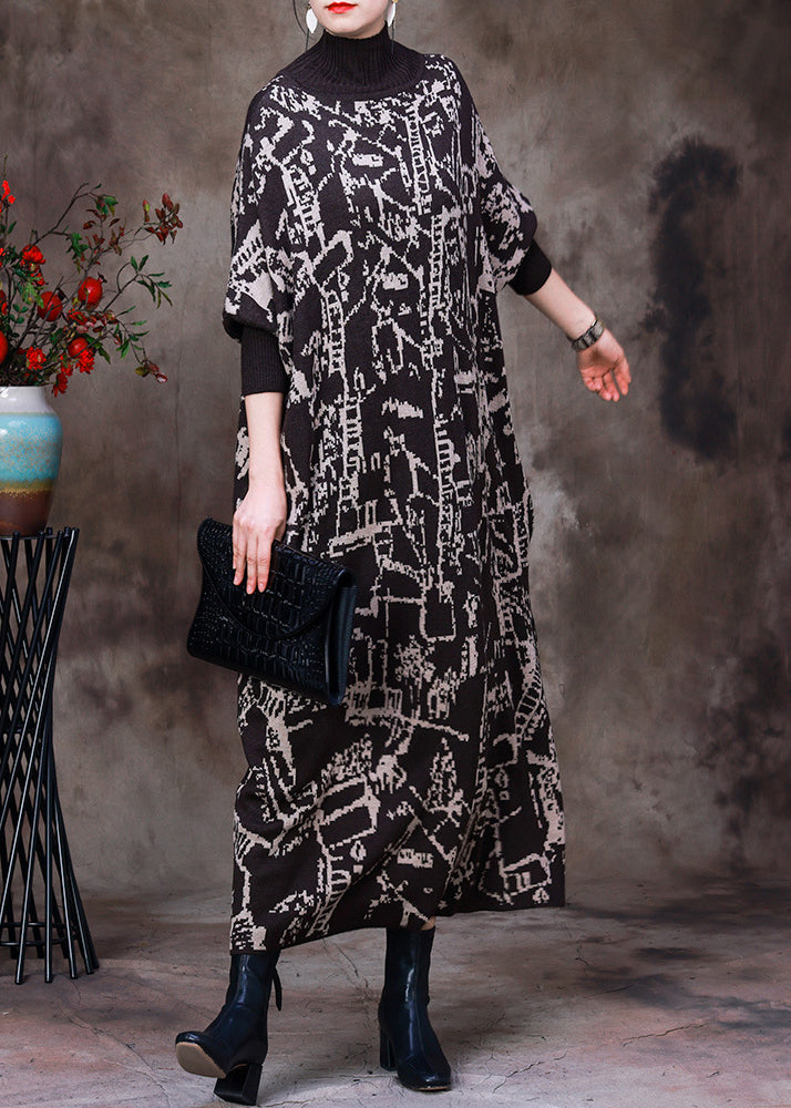 VCSHOES Black Turtleneck Print Knit Patchwork Long Dress Long Sleeve
