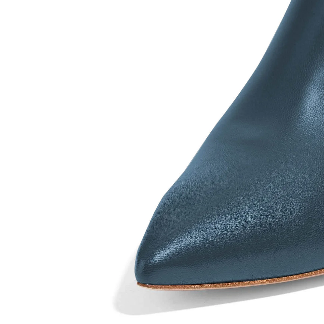 Steel Blue Pointed Toe Rhinestone Kitten Heel Zipper Booties for Women