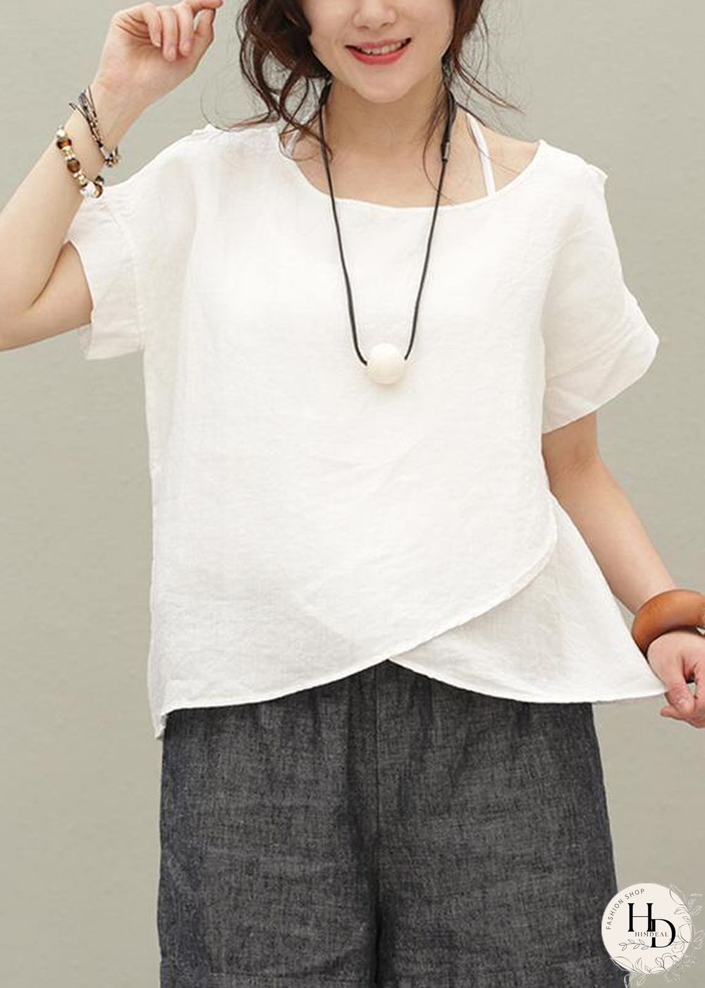 DIY o neck asymmetric linen summer shirts Work Outfits red tops