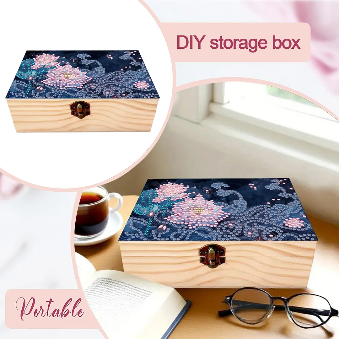 5D DIY Diamond Painting Handmade Wood Storage Box for Home Decor Craft (Lotus)
