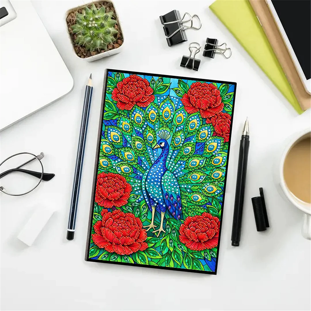 DIY Flower Diamond Painting Journals Notebooks 50 Pages A5 No Lines Special Shaped Diamond Art Kits for Beginners Craft Lovers and Artists (Peacocks)