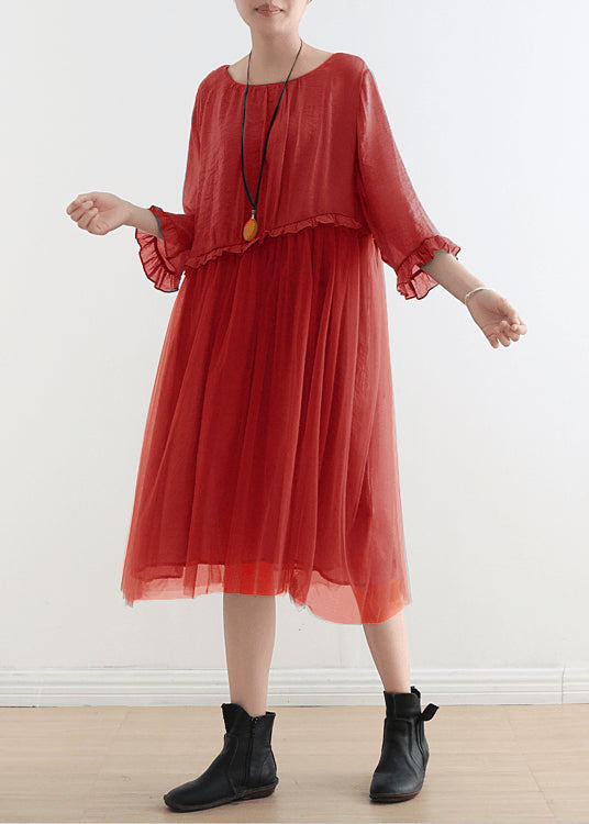 VCSHOES Red Tulle Patchwork Midi Summer Dress New