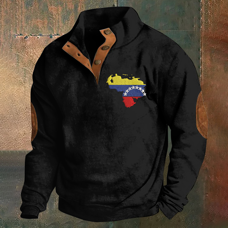 Men's Venezuela Map Print Stand Collar Button Sweatshirt artswardrobe