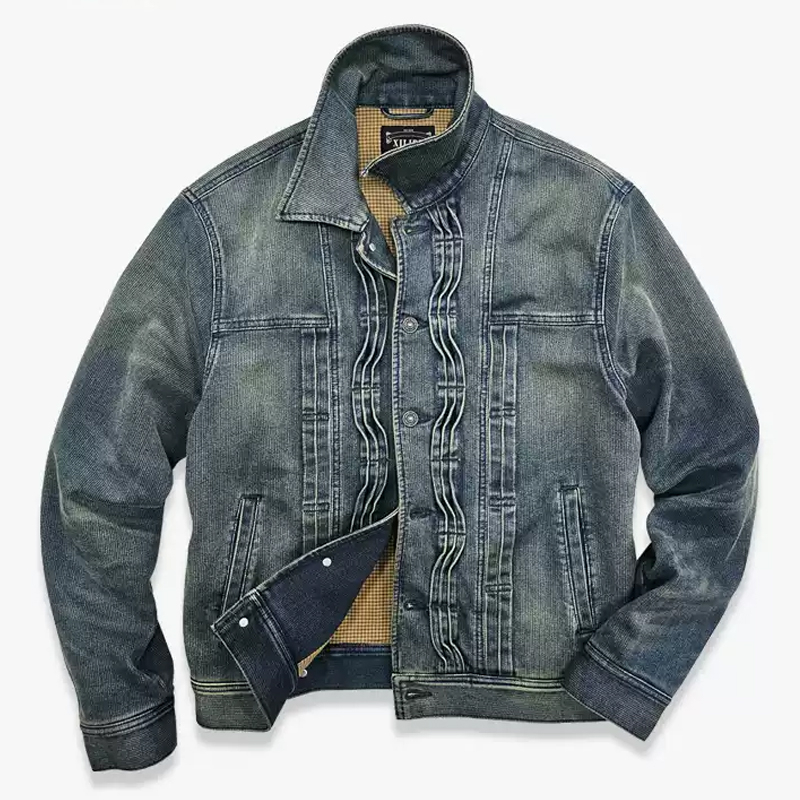 Men's  Vintage Washed Distressed Ribbed Denim Jacket