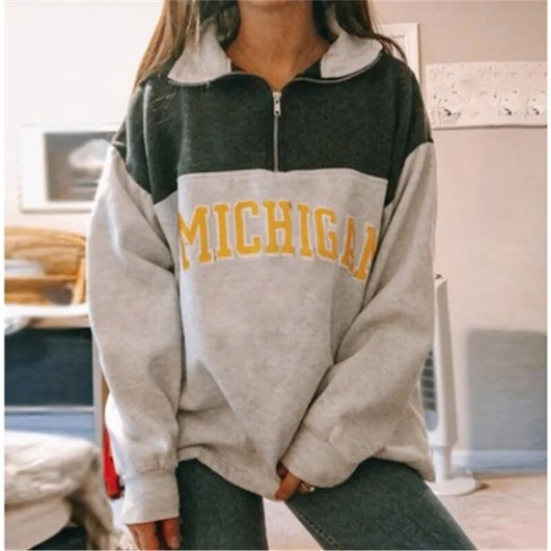 Women Stand Collar Half Zipper Sweatshirt Fashion Letter Printed Long Sleeve Blouse Pullover Famale Casual Street Outwear Tops