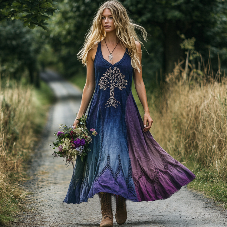 Vintage Viking Tribal Celtic Knot Tree Of Life Gradient Art Linen Tank Dress