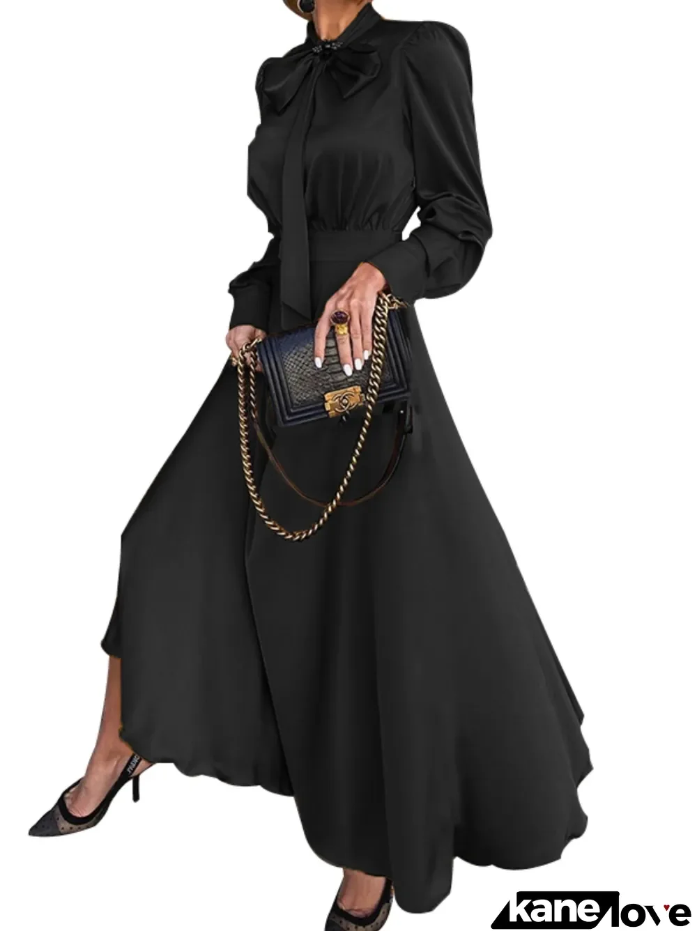Solid Color Occassional Elegant Tied Long Evening Dress with Full Sleeves