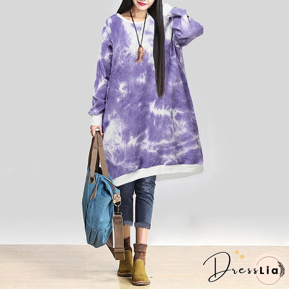 Autumn Winter Women Printed Midi Dress Tunic Long Sleeve Pockets Warm Vintage Casual Loose Long Sweatshirt Dress Plus Size