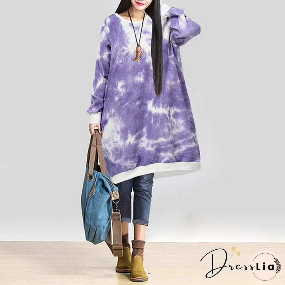 Autumn Winter Women Printed Midi Dress Tunic Long Sleeve Pockets Warm Vintage Casual Loose Long Sweatshirt Dress Plus Size