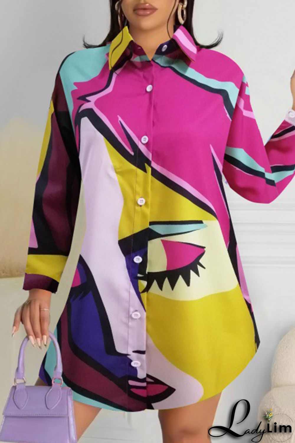 Purple Green Casual Street Print Patchwork Buckle Turndown Collar Tops