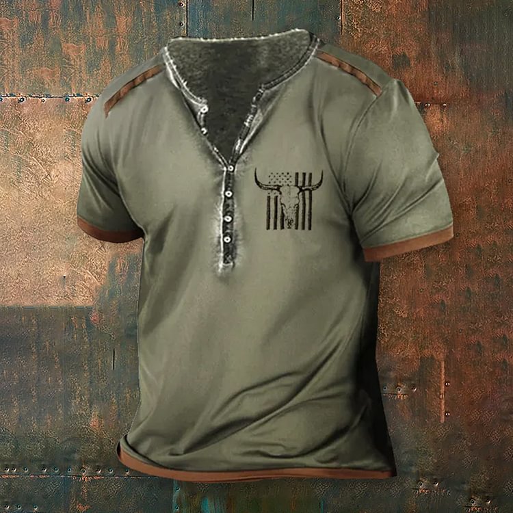 BrosWear Men'S Western Bull Head Letter Print Henry T-Shirt