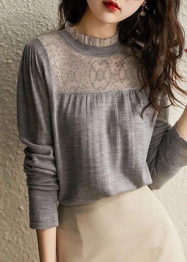 Women Grey Ruffled Patchwork Hollow Out Knit Shirts Spring