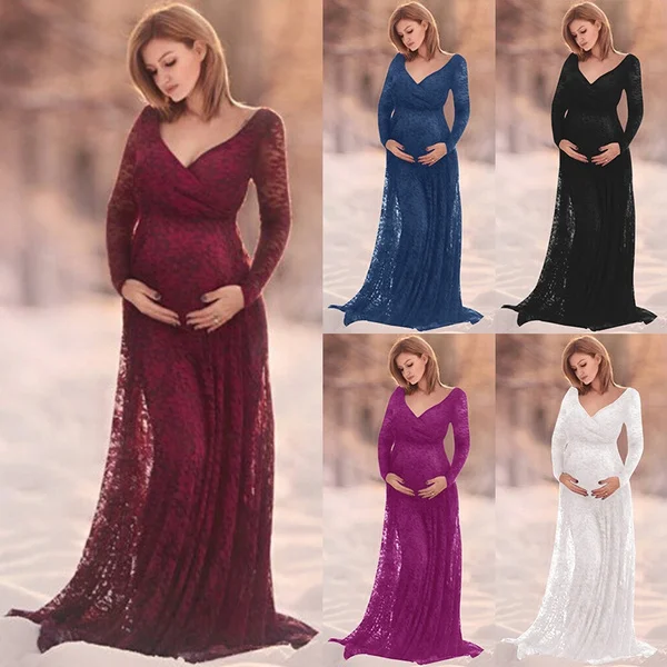 Popular Extra Long Lace Women Photography Dress Le Couple Maternity Photography Props Maxi Maternity Gown Lace Maternity Dress Fancy Shooting Photo Summer Pregnant Dress Plus